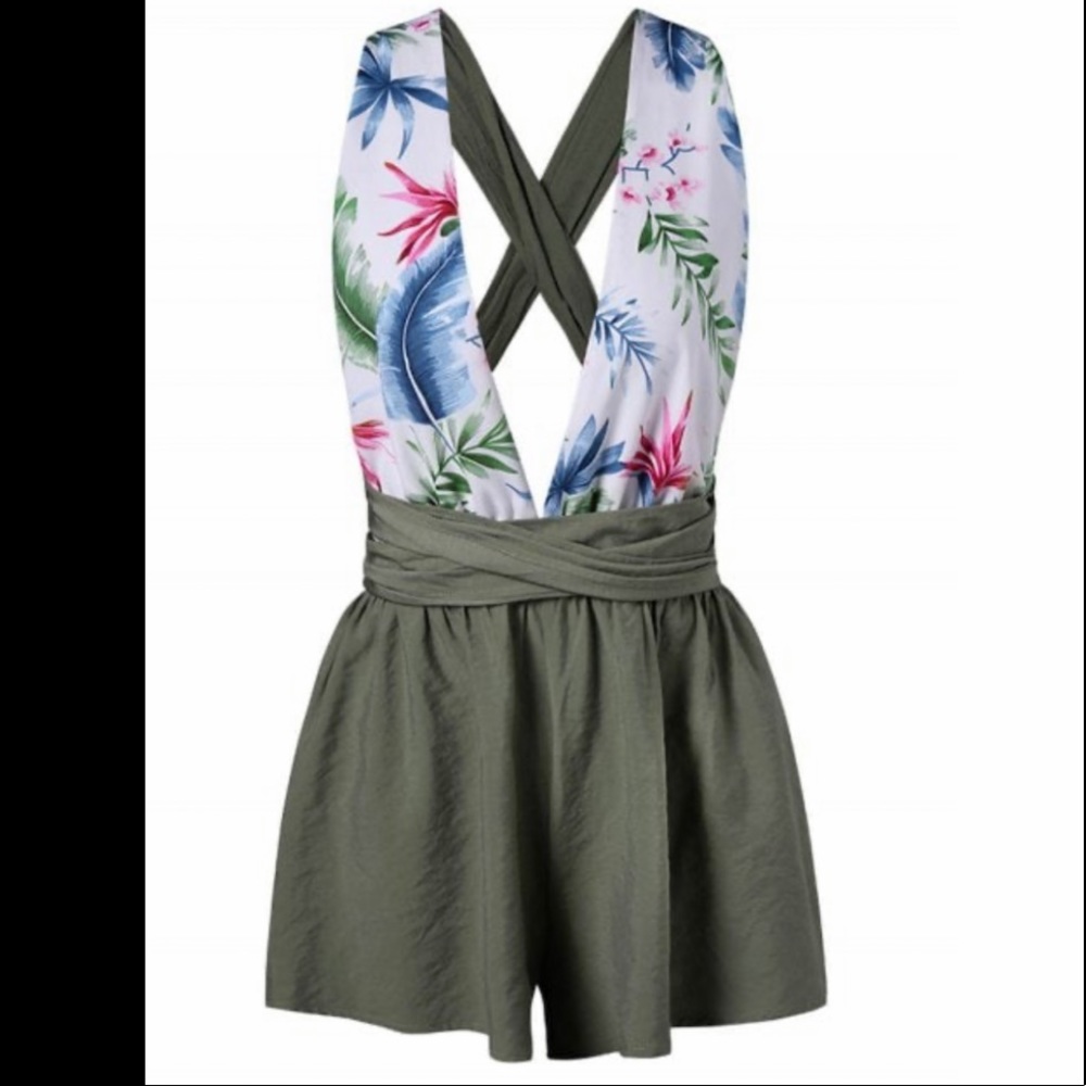 Zaful Leaf Plunging Back Criss Cross Romper - M